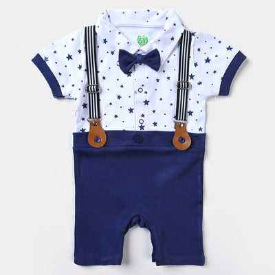 Infant Boys Cotton Interlock Knitted Romper Bow Stars-White