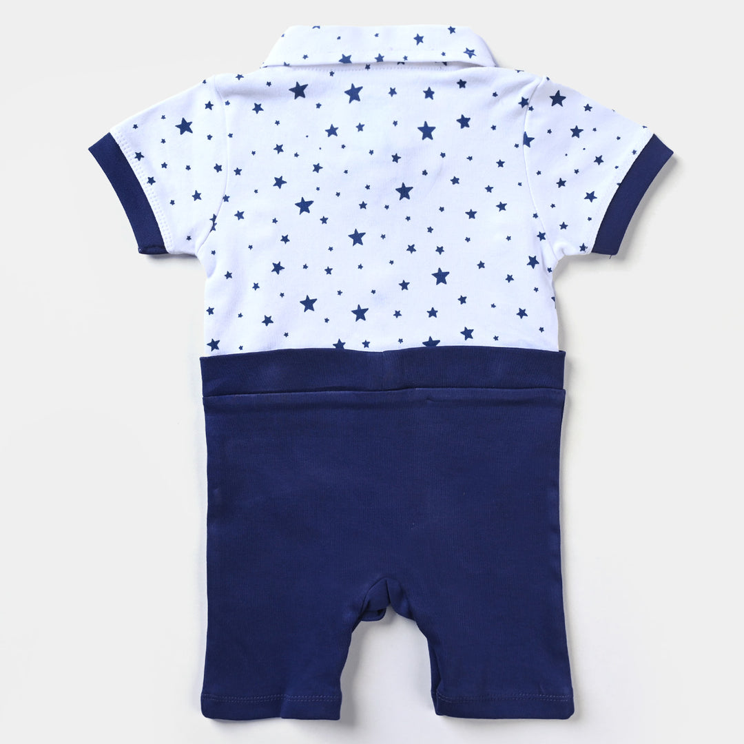 Infant Boys Cotton Knitted Romper Bow Stars-White/Navy