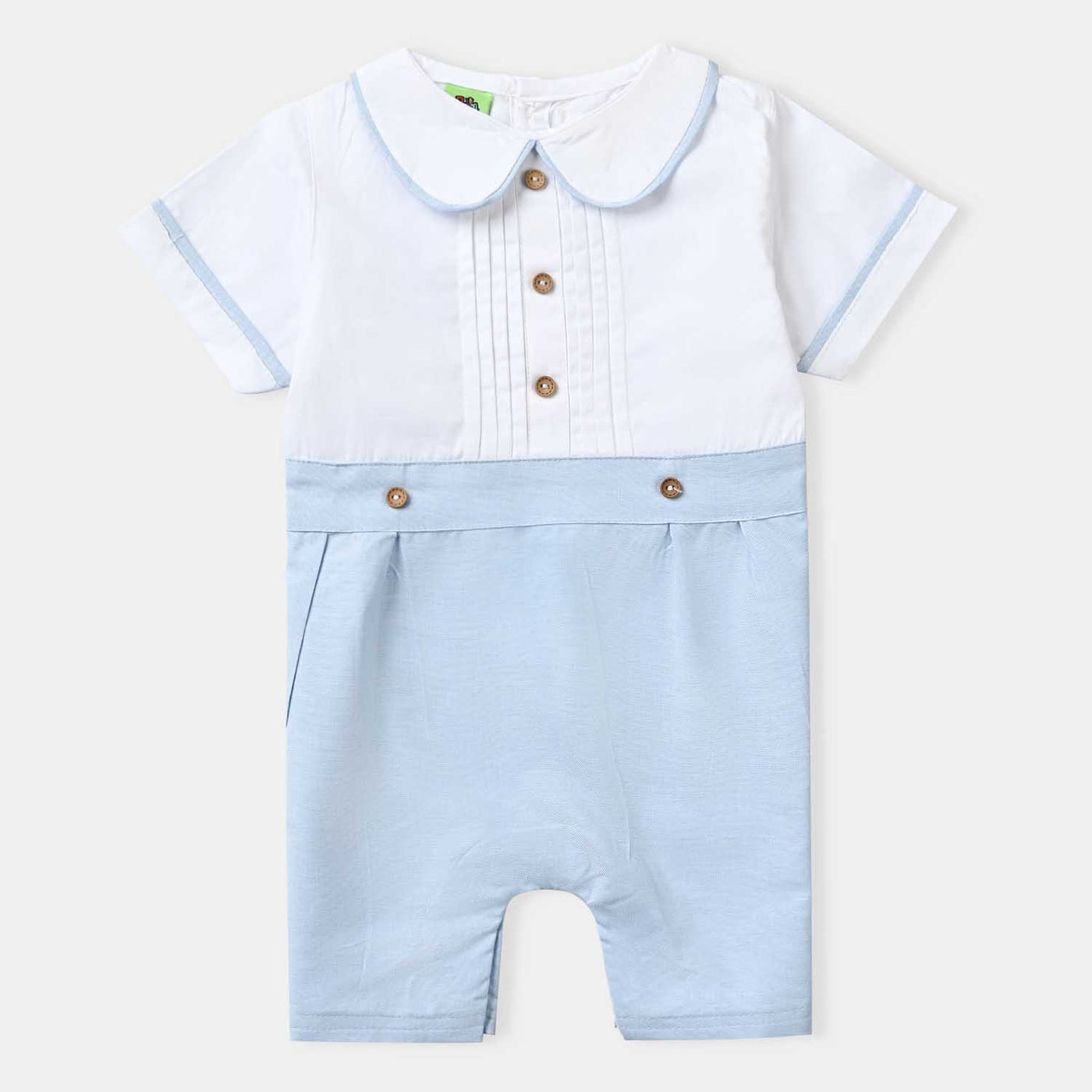 Infant Boys Cotton Romper Pleats-White/Blue