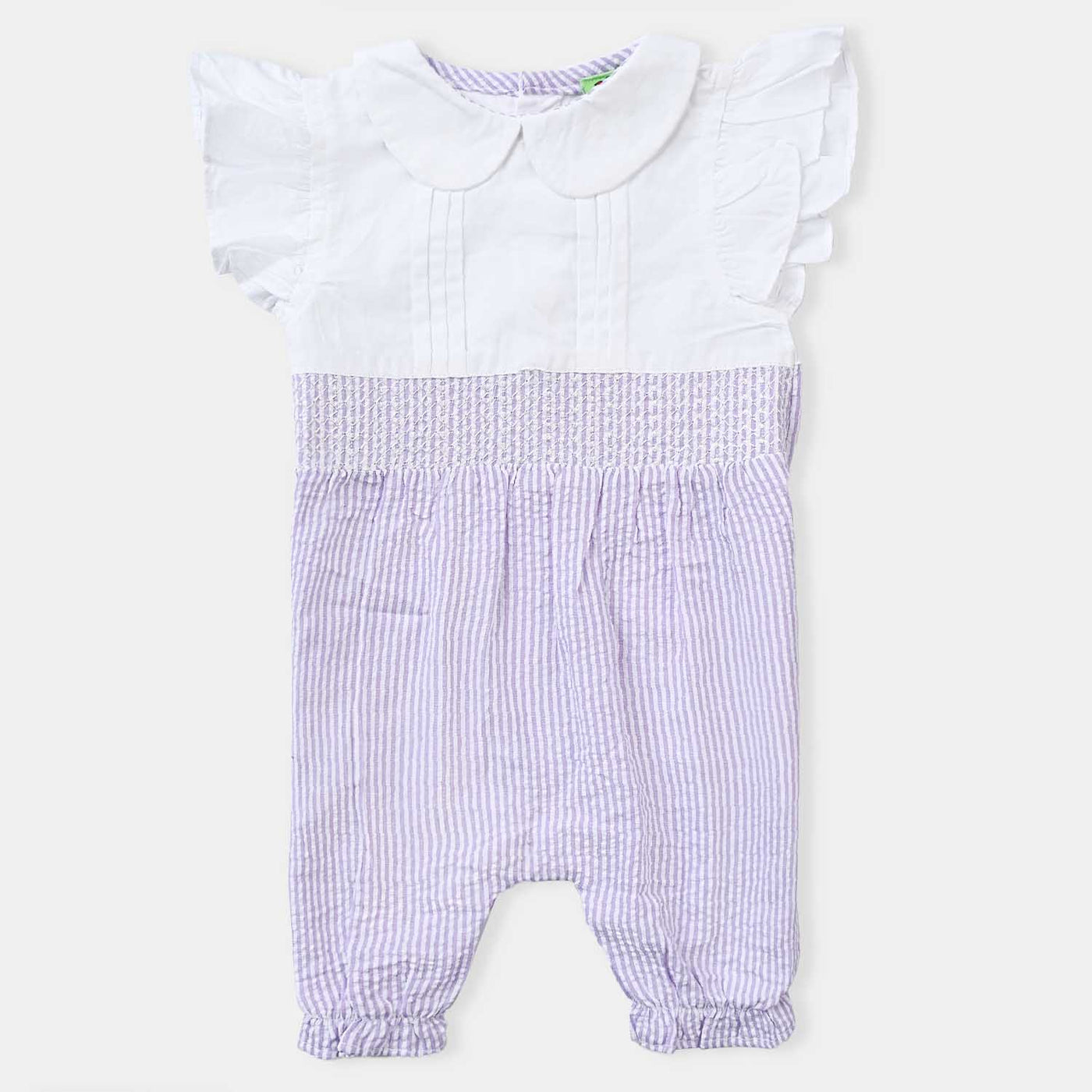 Infant Girls Tensile Denim (Light Denim) Romper Pleats-Purple/White