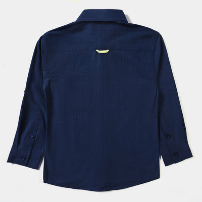 Boys Yarn Dyed Casual Shirt F/S (Double Pocket)-Navy Blue