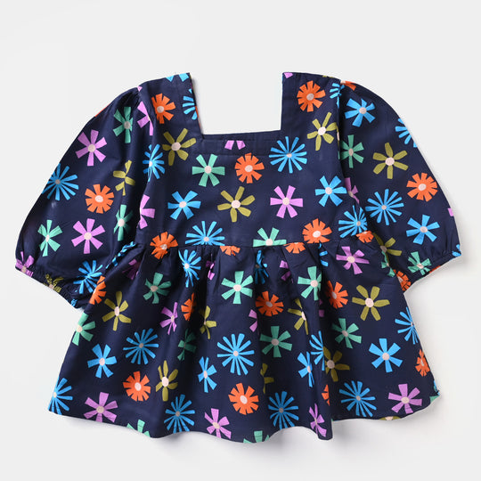 Girls Cotton Poplin Casual Top Fan Flowers-Blue