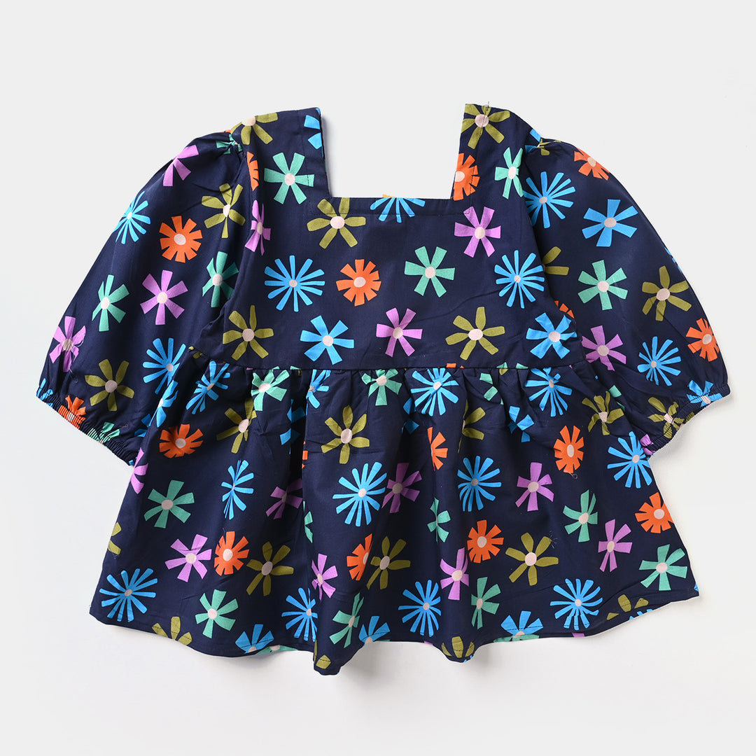 Girls Cotton Poplin Casual Top Fan Flowers-Blue