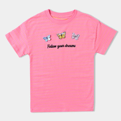 Girls Cotton Jersey T-Shirt H/S Butterflies-Hot Pink