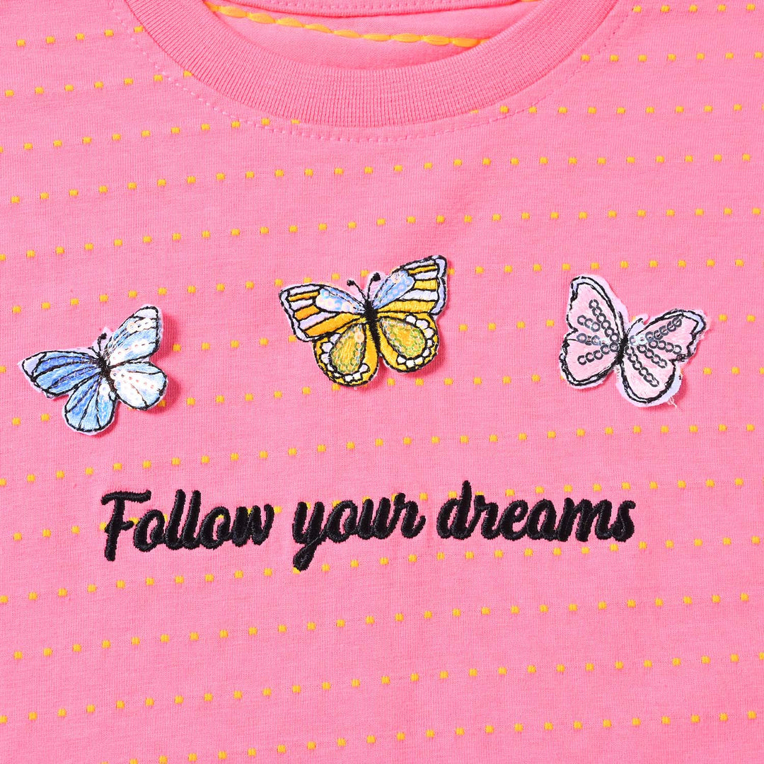 Girls Cotton Jersey T-Shirt H/S Butterflies-Hot Pink