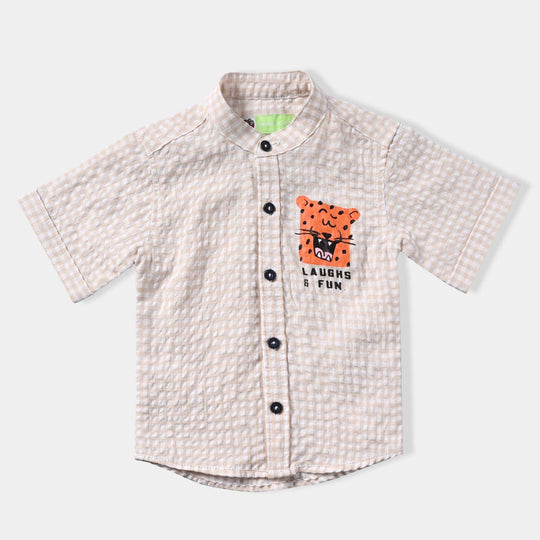 Infant Boys Yarn Dyed Basic Casual Shirt (Laugh & Fun)-BEIGE