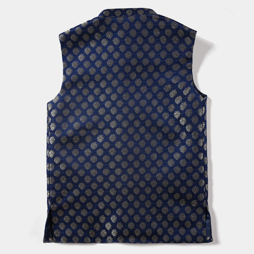 Boys Poly Viscose Waistcoat (Golden Zari)-NAVY