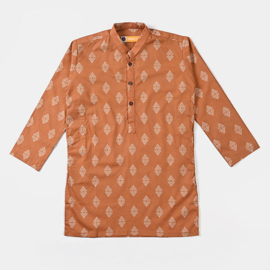 Boys Cotton Poplin Printed Kurta (Rust Tribal)-Rust