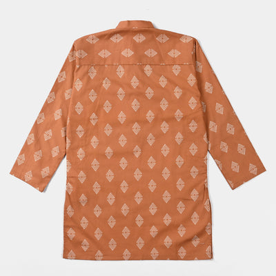 Boys Cotton Poplin Printed Kurta (Rust Tribal)-Rust