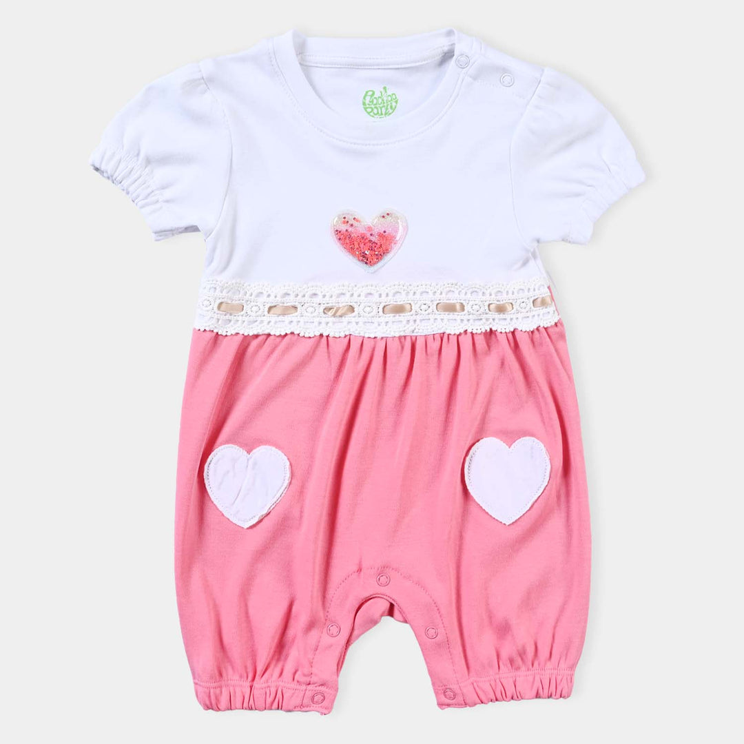 Infant Girls Cotton Interlock Knitted Romper Heart Badge-White