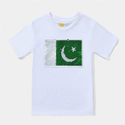 Boys Poly Cotton Jersey T-Shirt H/S Kids Sequins Flag-White