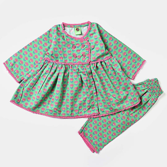 Infant Girls Cotton Poplin Printed 2Pcs Suit-Green