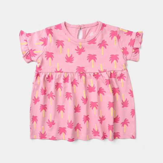 Infant Girls Cotton Jersey Knitted Frock Palm Trees-Candy Pink