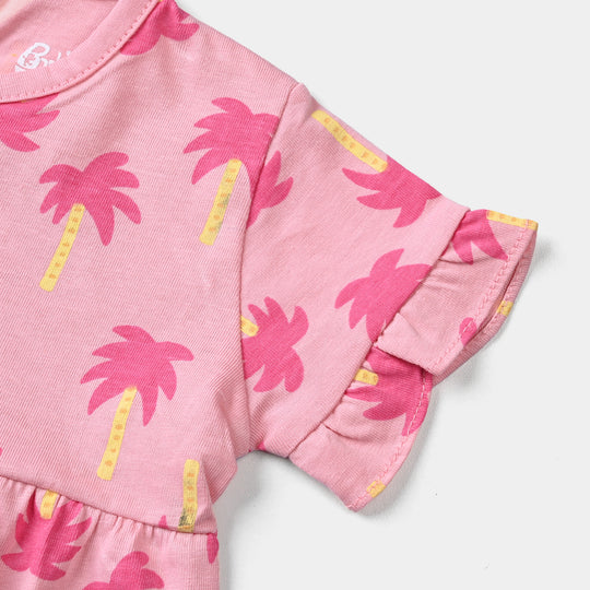 Infant Girls Cotton Jersey Knitted Frock Palm Trees-Candy Pink