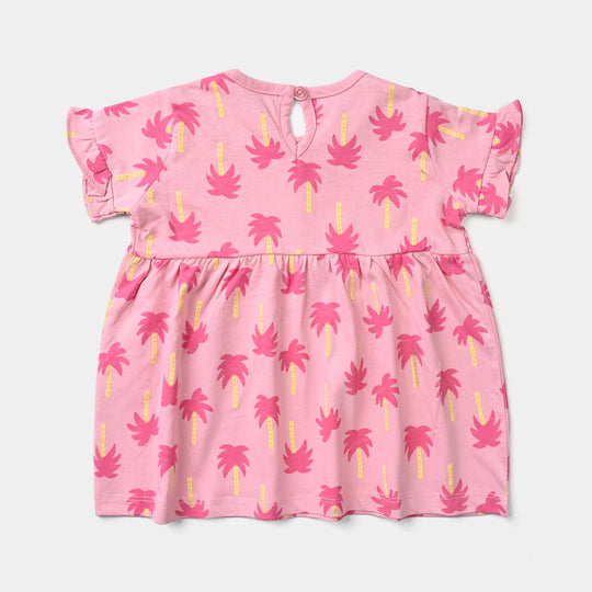 Infant Girls Cotton Jersey Knitted Frock Palm Trees-Candy Pink