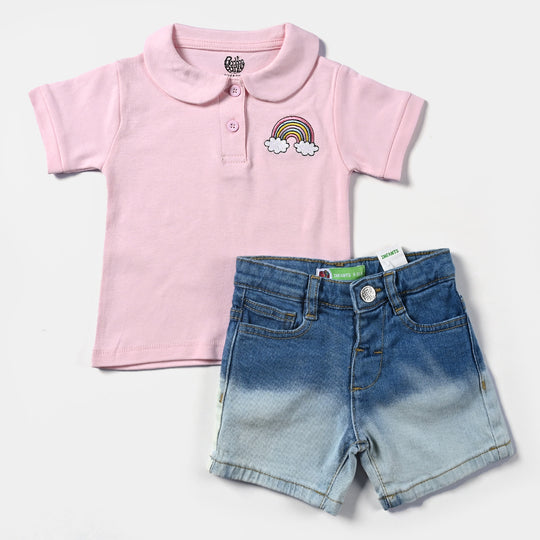 Infant Girls Denim rigid 2Piece Set Rainbow- Pink