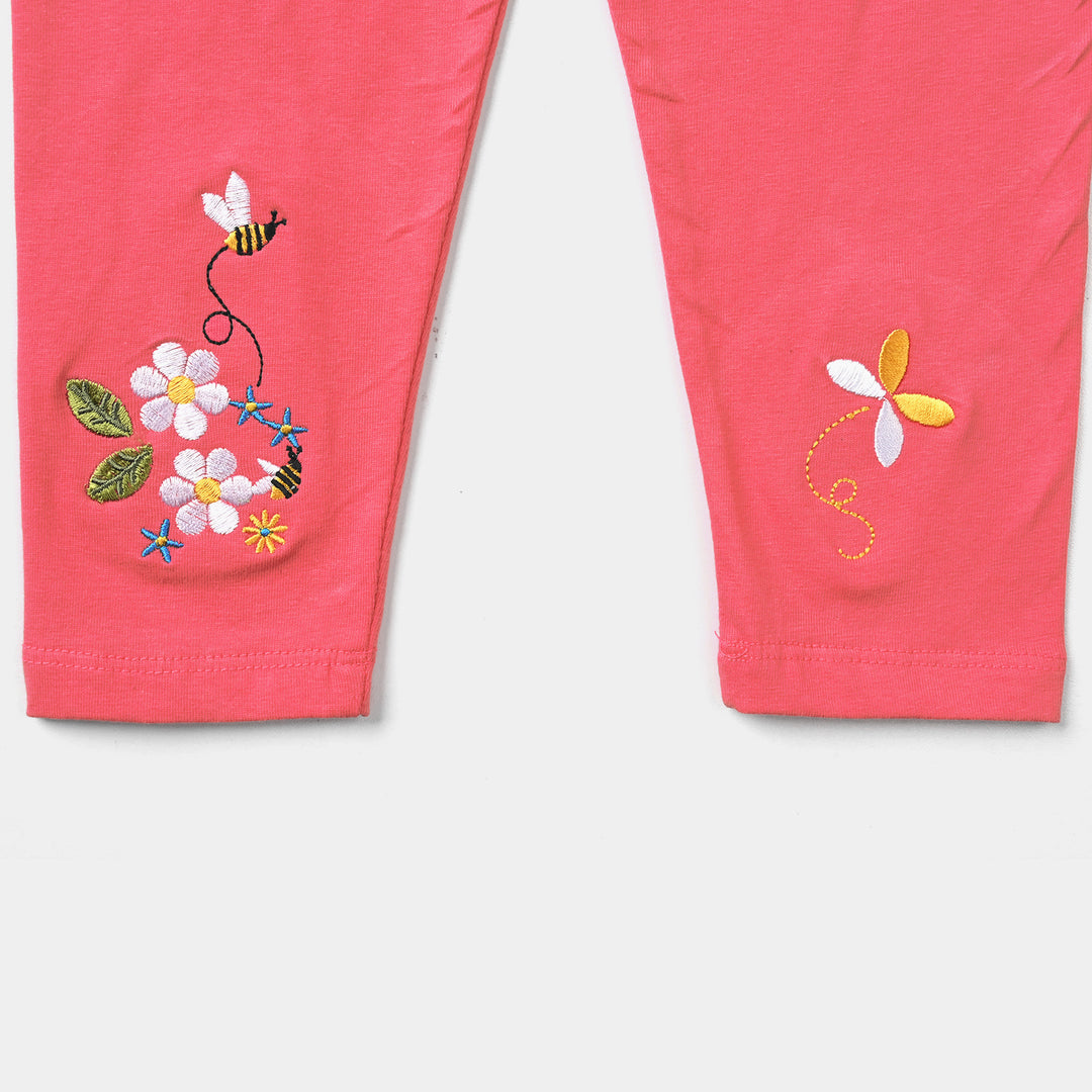 Girls Lycra Jersey Embrioded Tights Flowers & Bee-P.Pink