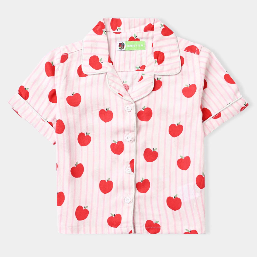 Infant Girls Poly Cotton Woven Night Suit-Cherry