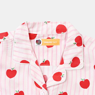 Girls Poly Cotton Woven Night Suit-Cherry