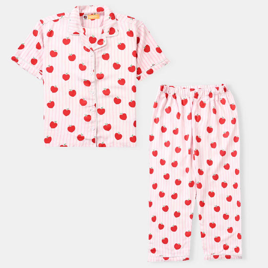 Girls Poly Cotton Woven Night Suit-Cherry