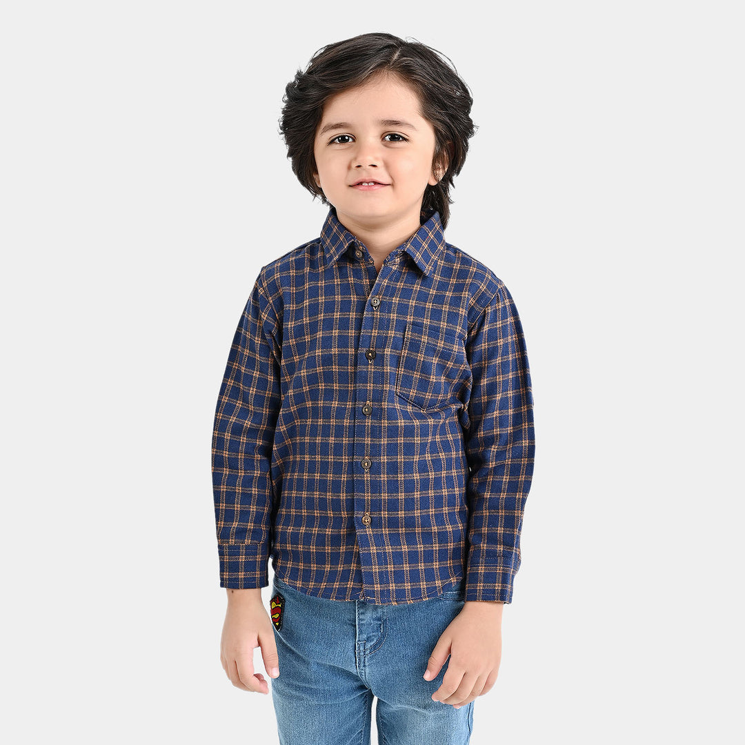 Boys Flannel Casual Shirt F/S (Contrast Patch)-NAVY