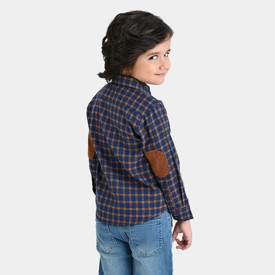 Boys Flannel Casual Shirt F/S (Contrast Patch)-NAVY