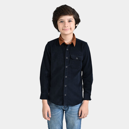 Boys Corduroy Casual Shirt F/S (Contrast Collar)-Navy Blue