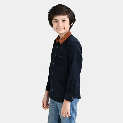 Boys Corduroy Casual Shirt F/S (Contrast Collar)-Navy Blue