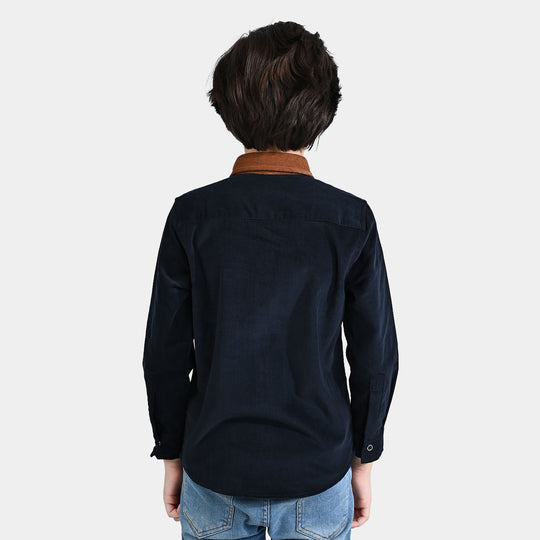 Boys Corduroy Casual Shirt F/S (Contrast Collar)-Navy Blue