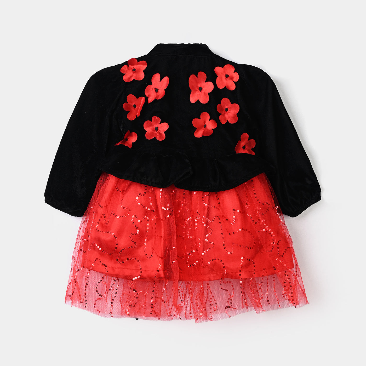 Infant Girls Velvet & Net Fancy Frock Sequence-B.Red