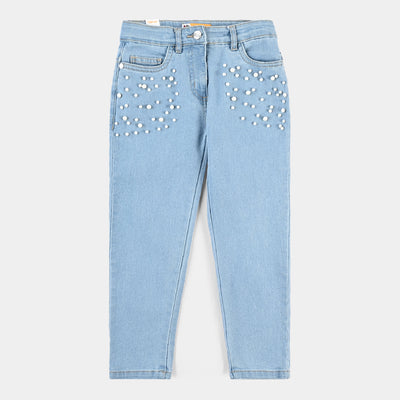 Girls Denim Stretch Pant Big Pearls-Ice Blue