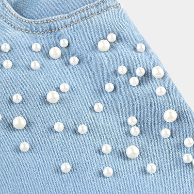 Girls Denim Stretch Pant Big Pearls-Ice Blue