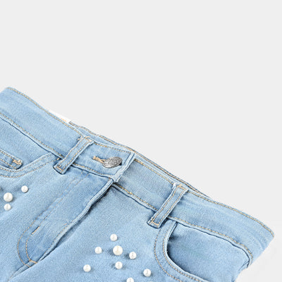 Girls Denim Stretch Pant Big Pearls-Ice Blue