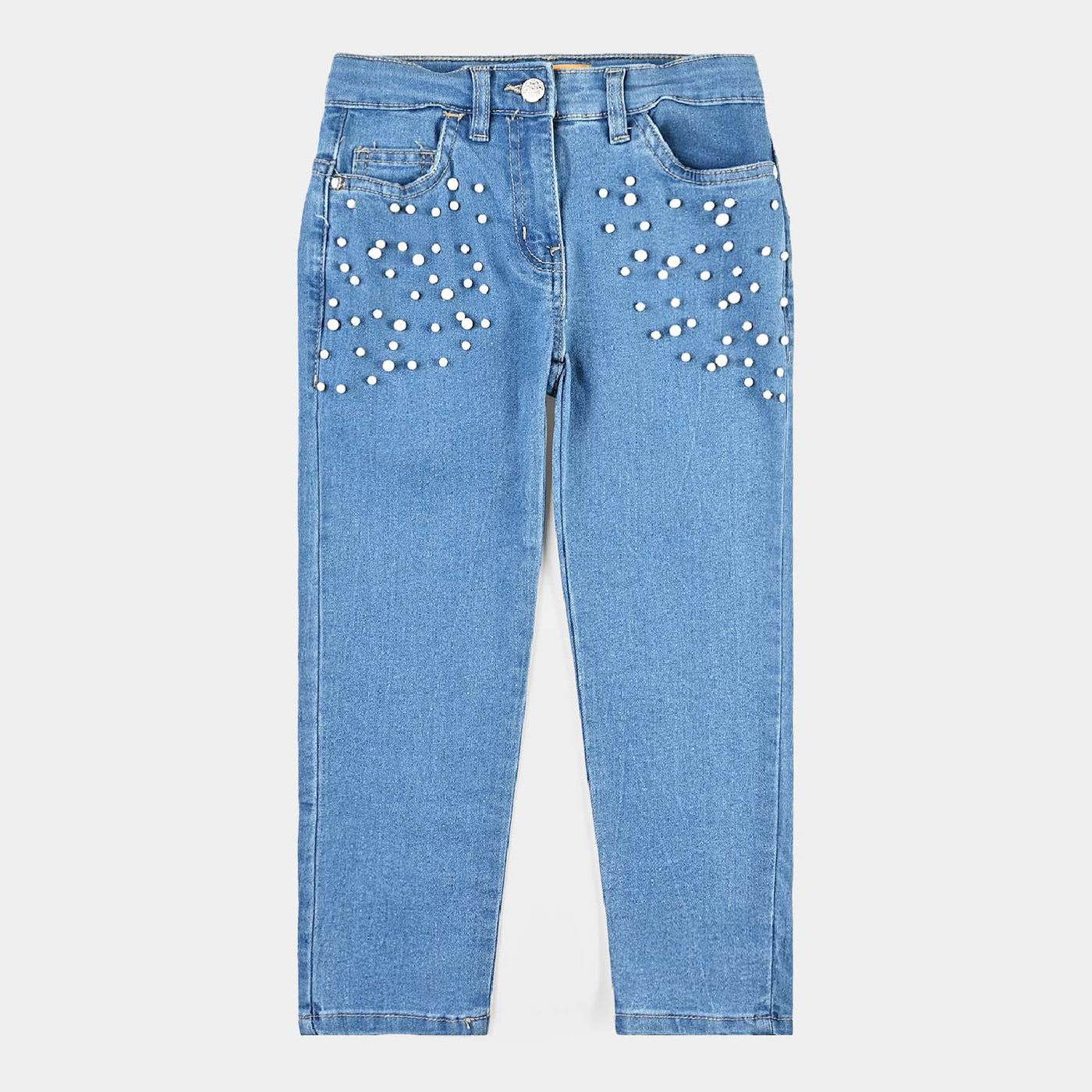 Girls Denim Stretch Pant Big Pearls-Mid Blue