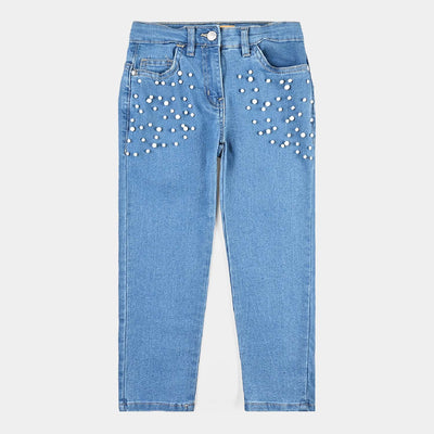 Girls Denim Stretch Pant Big Pearls-Mid Blue