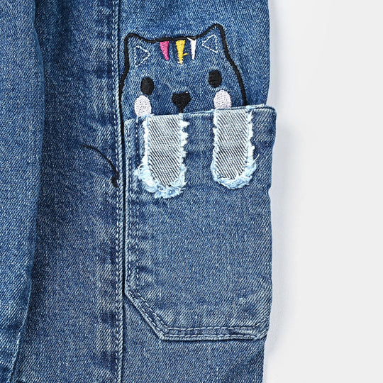 Infant Girls Denim Stretch Pant Pocket Full Of Bear-Mid Blue