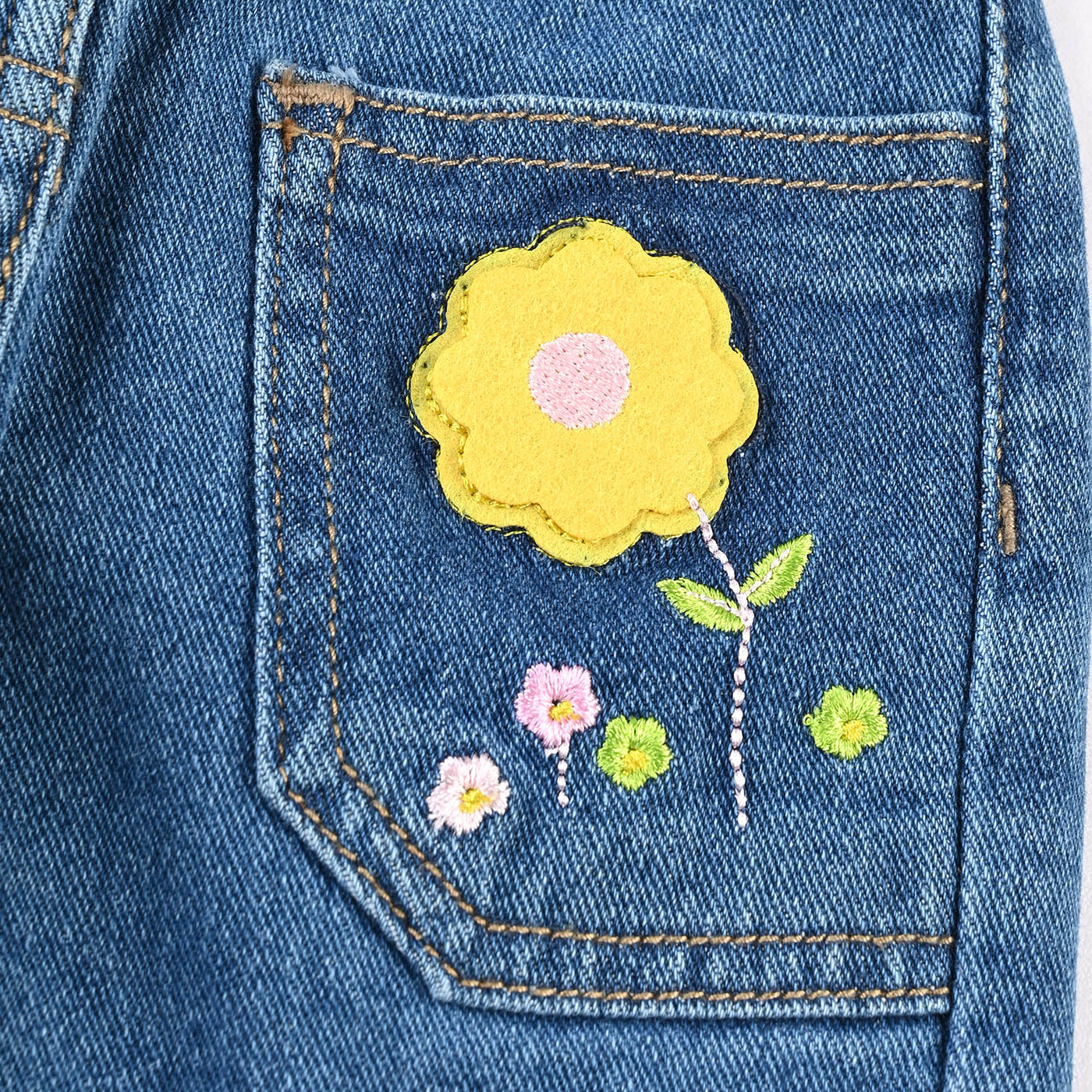 Infant Girls Denim Stretch Pant Flowers-Mid Blue