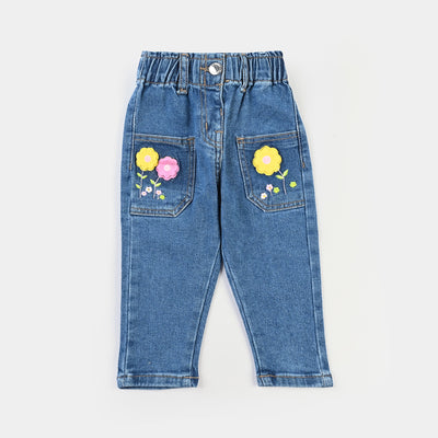 Infant Girls Denim Stretch Pant Flowers-Mid Blue