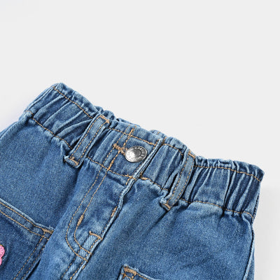 Infant Girls Denim Stretch Pant Flowers-Mid Blue