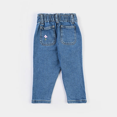 Infant Girls Denim Stretch Pant Flowers-Mid Blue