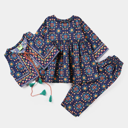 Infant Girls Cotton Poplin Printed 3 Pcs Suit Midnight sail-Multi