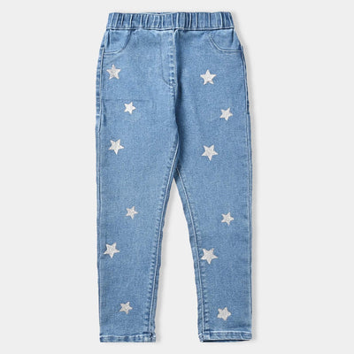 Girls Denim Stretch Jeggings Stars-Mid Blue