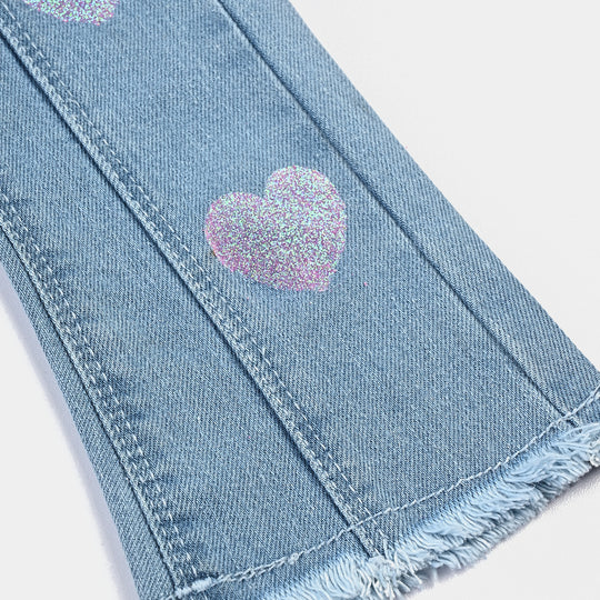 Infant Girls Denim Stretch Pant Glitter Hearts-Ice Blue