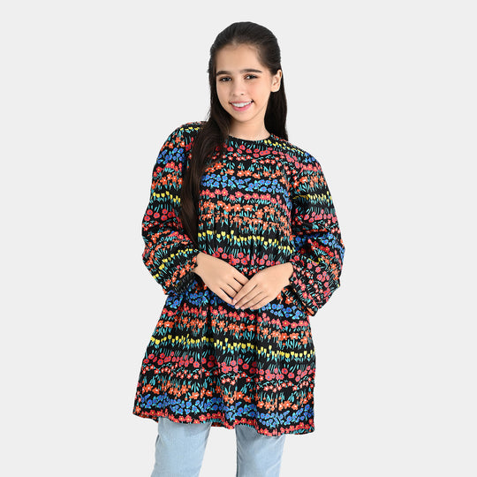 Girls Cotton Poplin Casual Frock Black Beauty-Multi