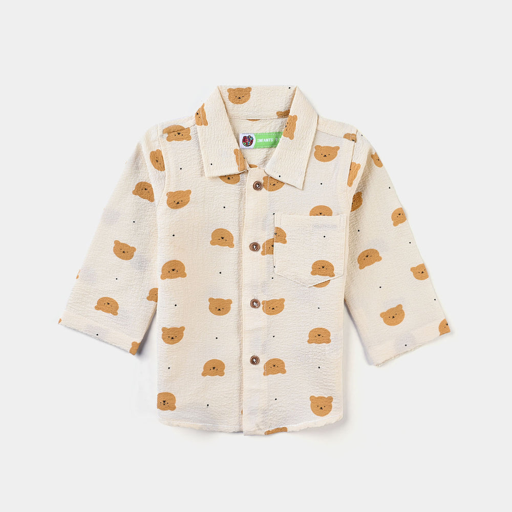 Infant Boys Yarn Dyed Woven Suit F/S Bear Print-Off White
