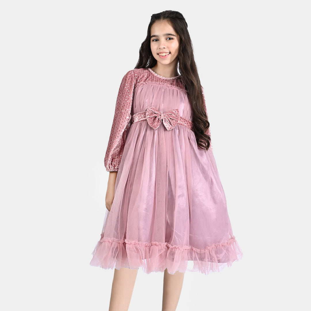 Girls Velvet & Net Fancy Frock Happy Vibes-Peach