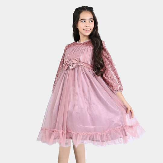 Girls Velvet & Net Fancy Frock Happy Vibes-Peach