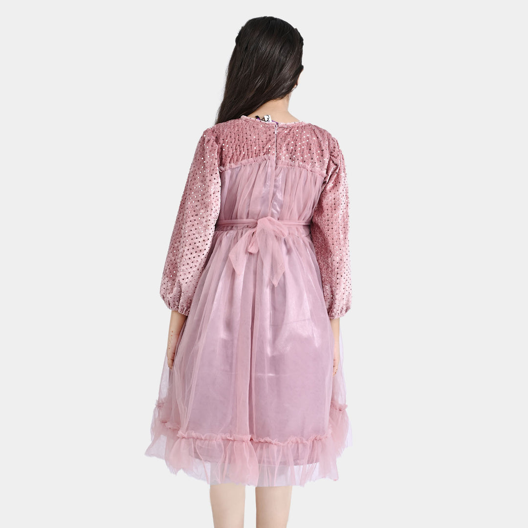 Girls Velvet & Net Fancy Frock Happy Vibes-Peach