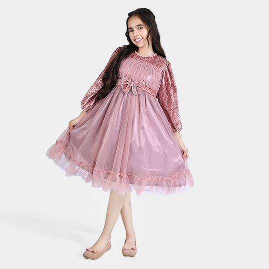 Girls Velvet & Net Fancy Frock Happy Vibes-Peach