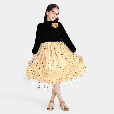 Girls Velvet & Net Fancy Frock Polka Dot-B.Beige